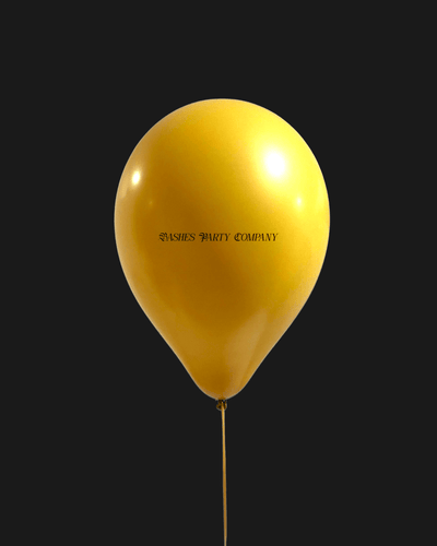 Yellow balloon with 'Bashes party company' text on a black background