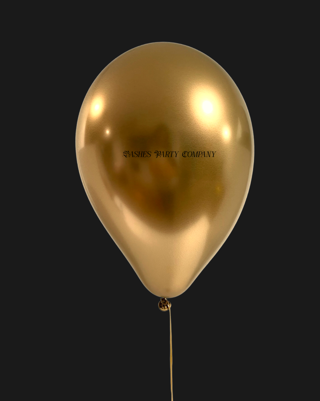 Gold balloon with 'Bashes Party Company' branding on a black background