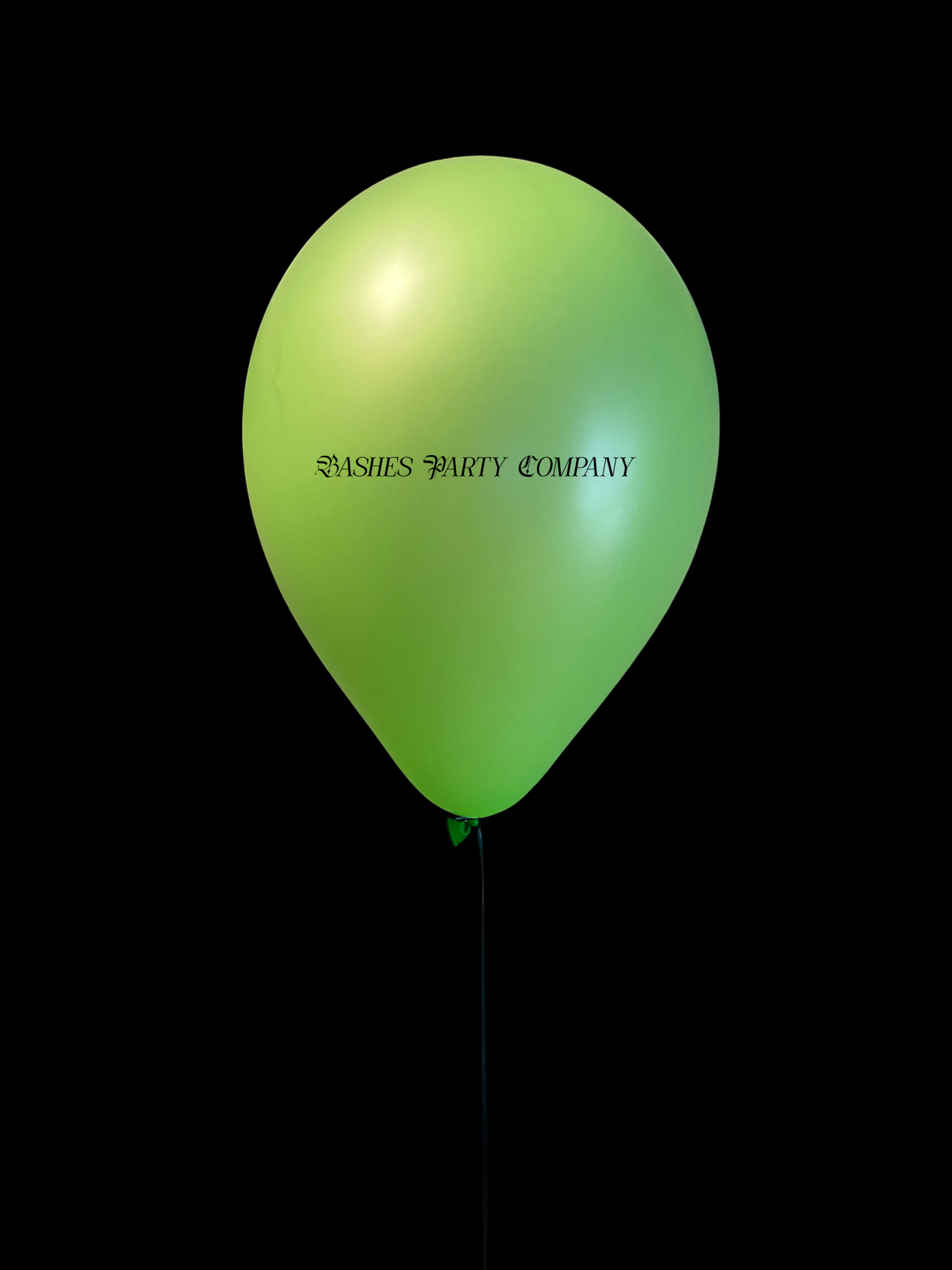 Green balloon with 'BASHES PARTY COMPANY' text on a black background
