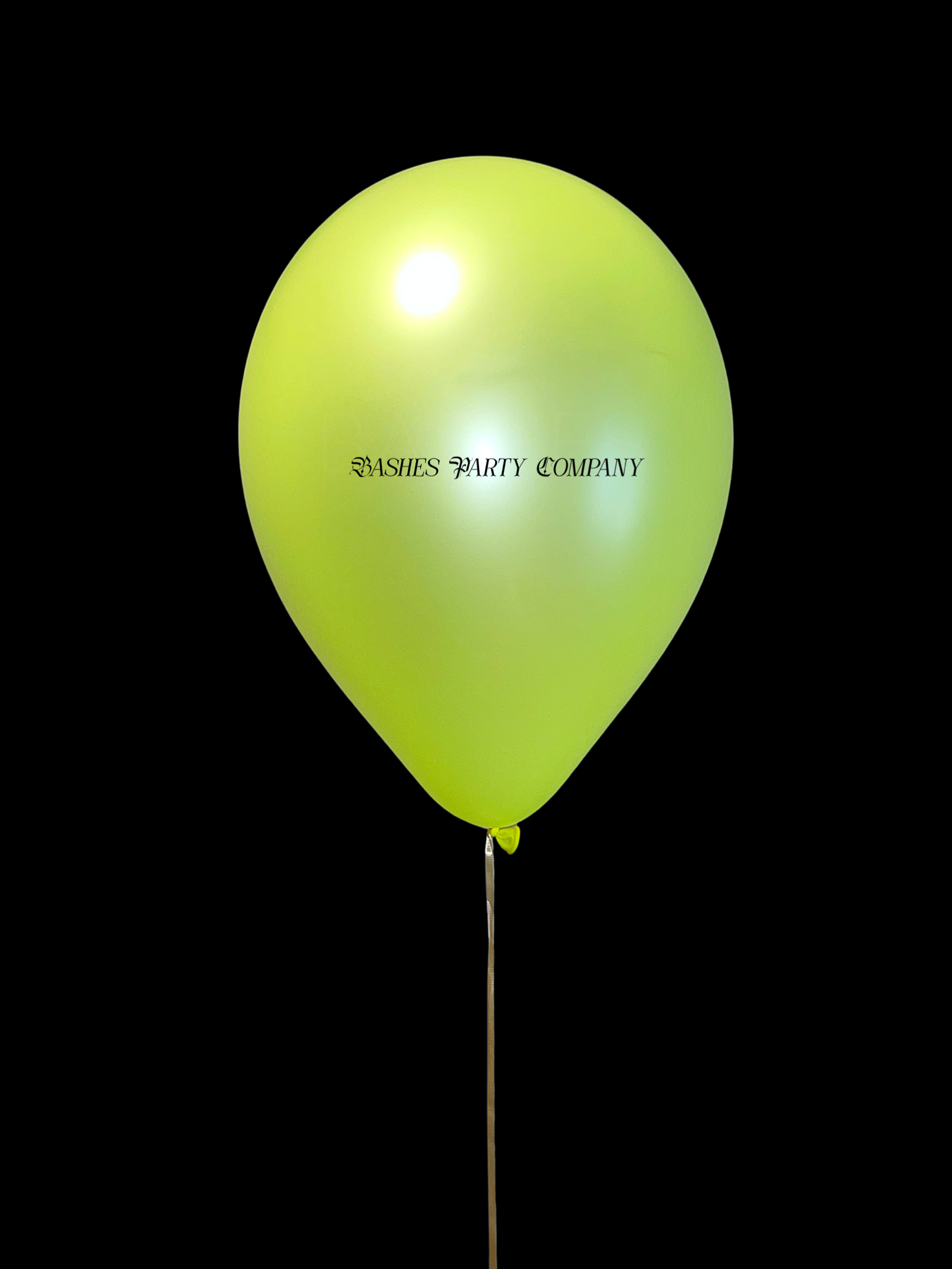 Green balloon with 'BASHES PARTY COMPANY' text on a black background