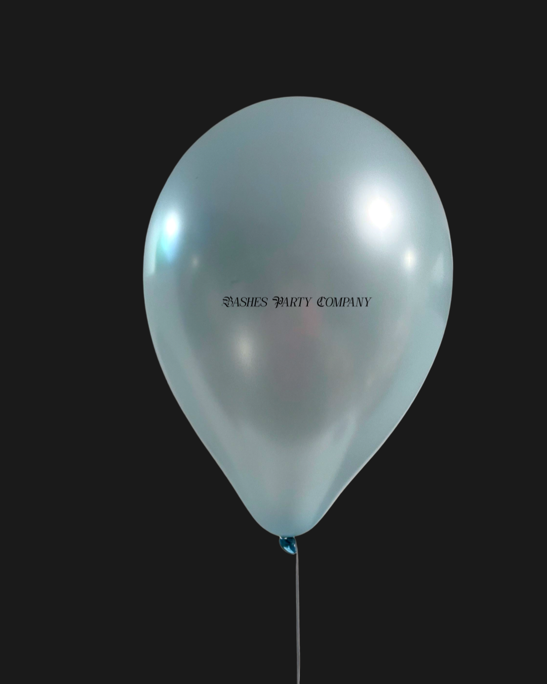Light blue balloon with 'Bashes Party Company' text on a black background