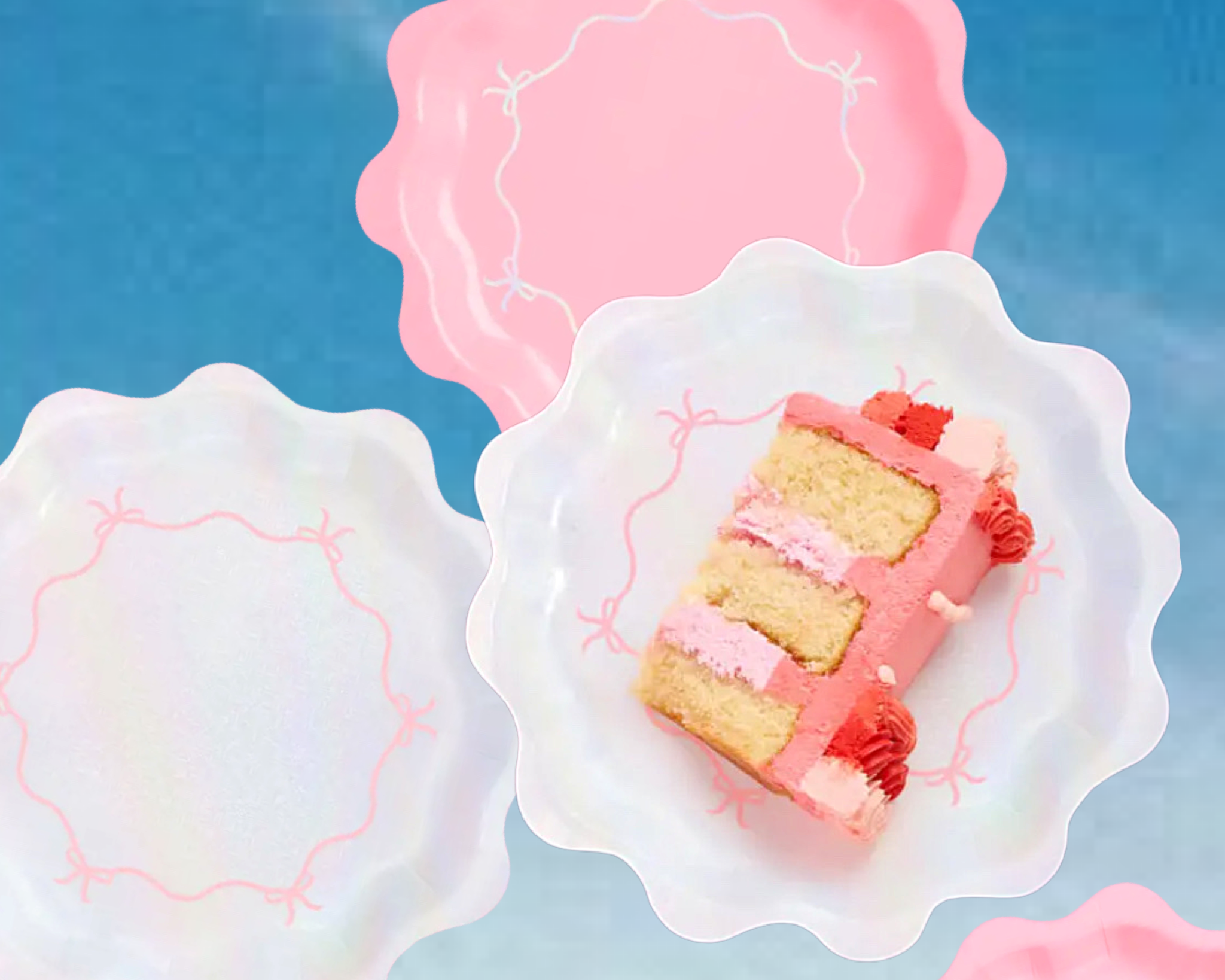 Slice of cake with pink and red frosting on a decorative plate against a blue background