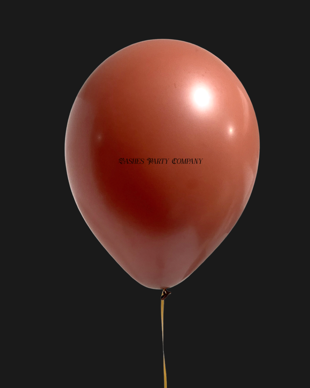 Single terracotta latex balloon with a visible brand name on a black background