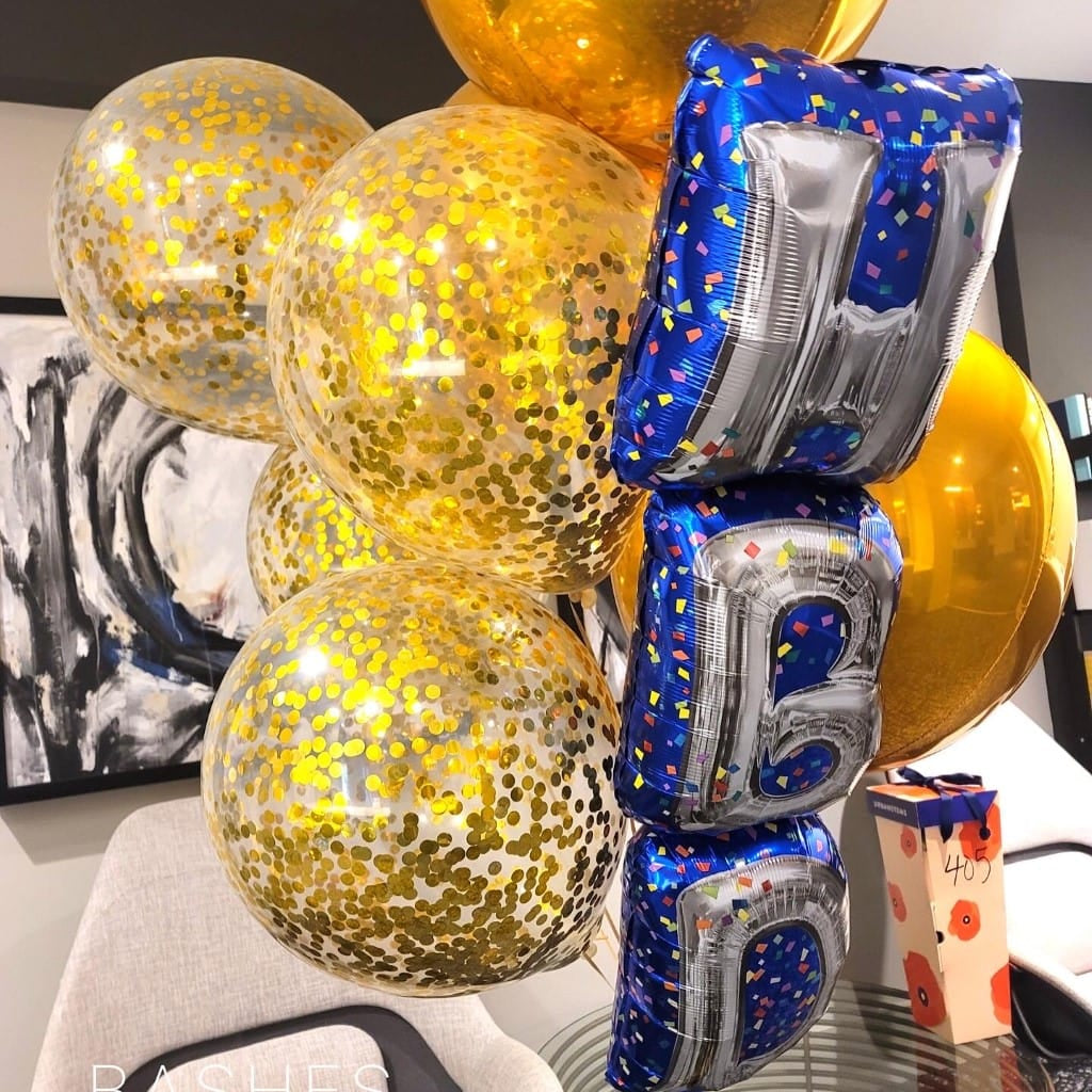 happy birthday balloon assortment with gold confetti balloons hbd letter balloons and gold sphere balloons